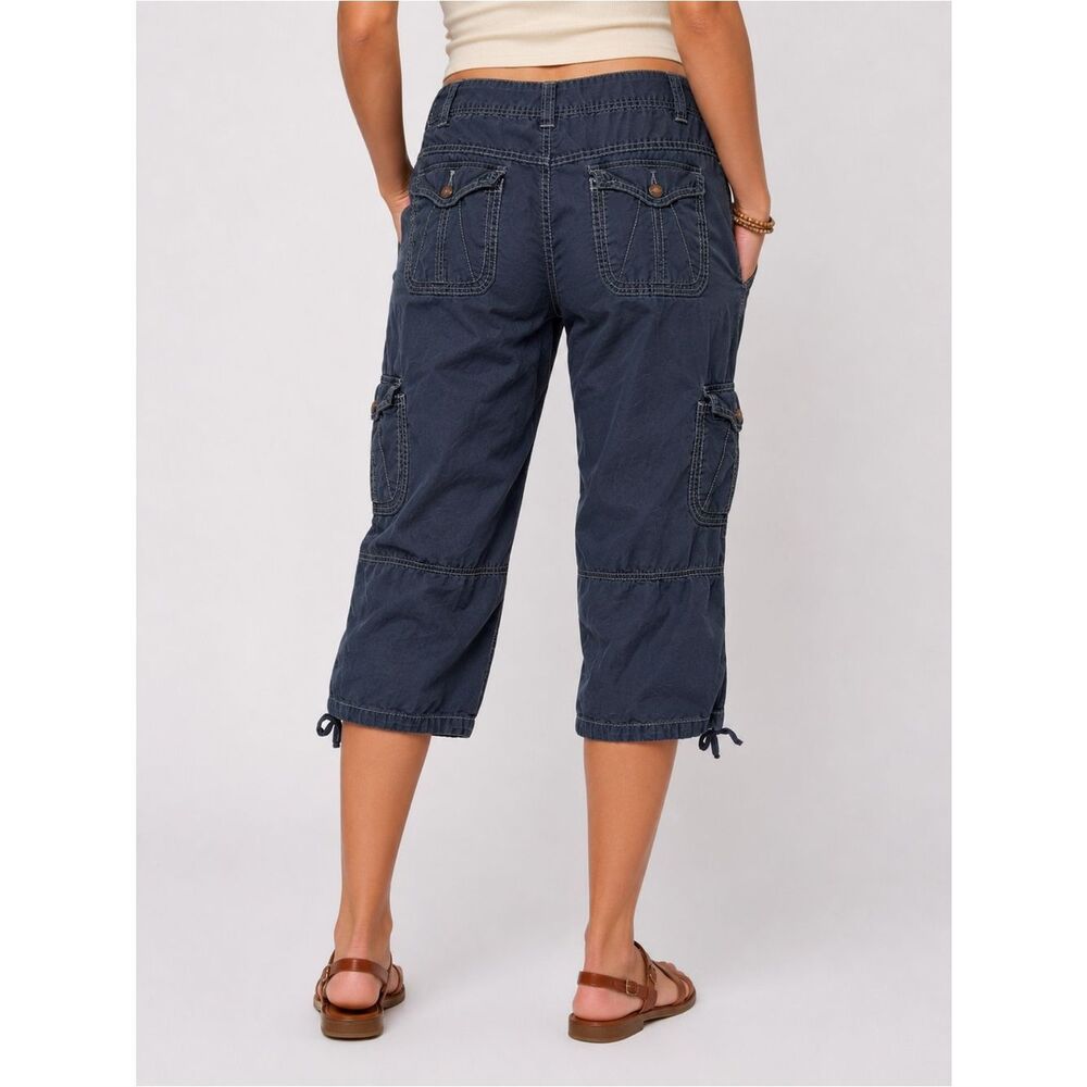 UNIONBAY Solid Navy Blue Cropped Capri Cargo Pants Pockets Drawstring - Picture 3 of 15